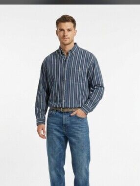 Basic Editions Men's Blue Striped Long-sleeve Button-down Shirt
